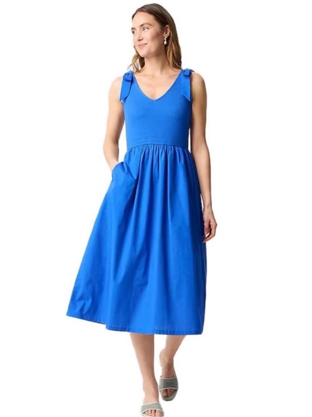 J Crew Sleeveless V-Neck Ribbed Knit Tank Bodice Midi Dress Bow Straps